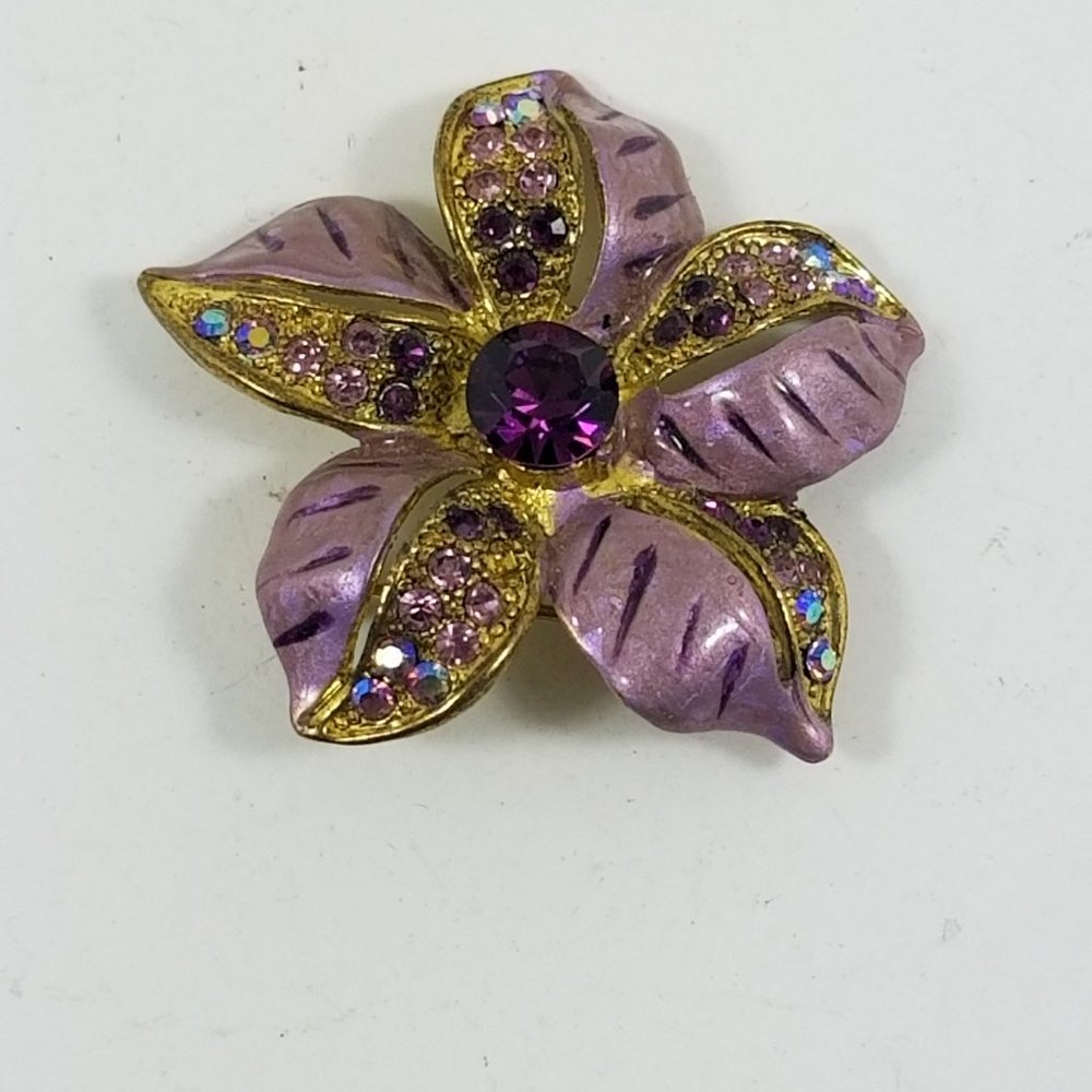 Vintage Enamel gold tone with purple stones broach - Picture 5 of 8